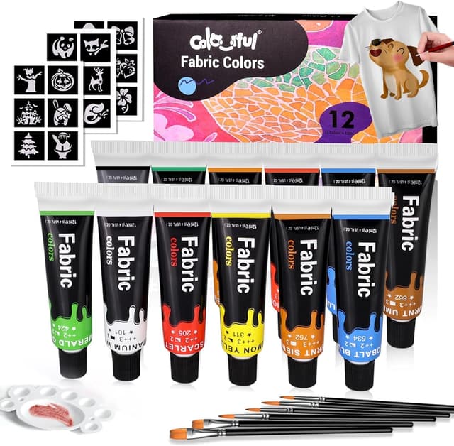 Detalle de Colorful 12-Colour Fabric Paint Set for Clothes, Shoes & Canvas (Permanent, Non-Toxic)