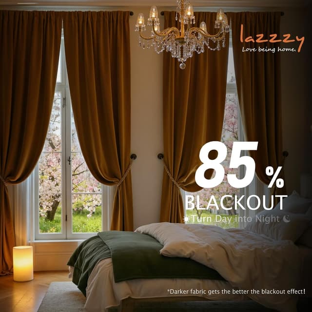 Detalle 2 de Lazzzy Velvet Blackout Extra Long Thermal Insulated Curtains (Beige) — Rod Pocket, 2 Panels, 42" x 108