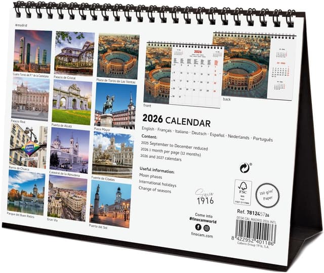 Detalle 2 de Finocam Tischkalender 2026 mit Monatsansicht (Jan–Dez. 2026 + Sep–Dez. 2025 reduziert) und mehrsprachigem Kalendarium