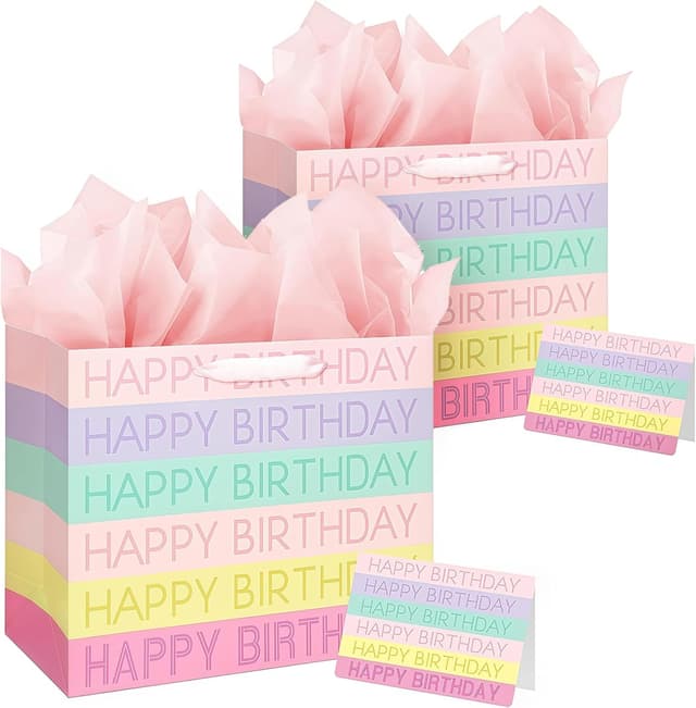 Detalle de 2pc Happy Birthday gift bags (pink) with tissue paper and greeting cards