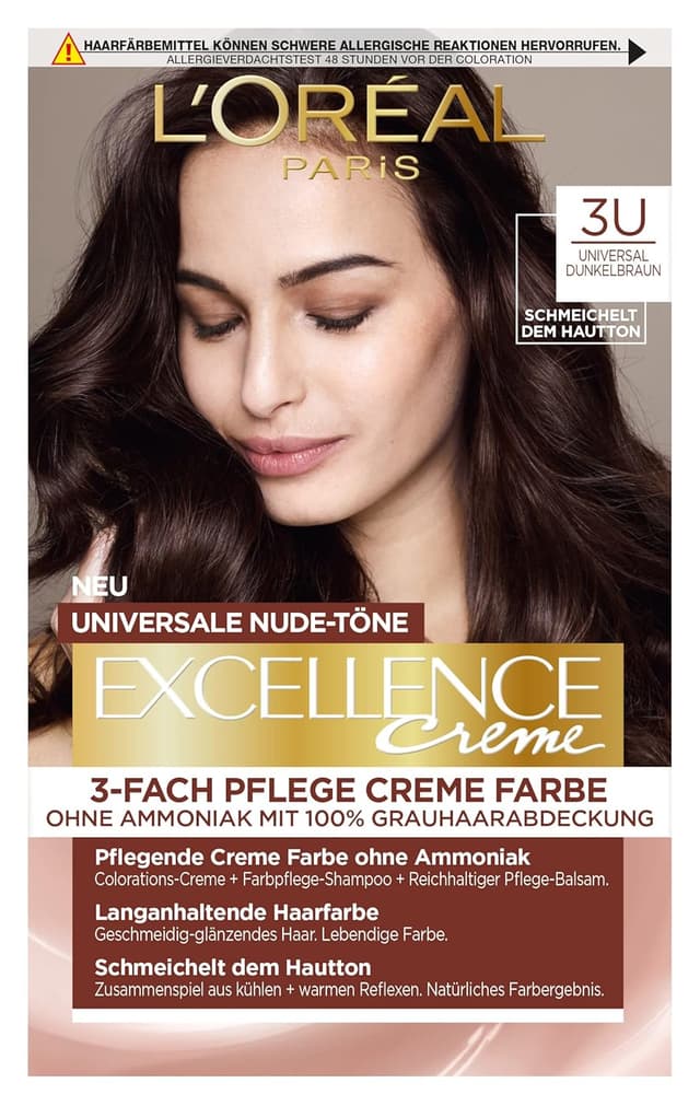Detalle de L’Oréal Paris Excellence Creme Permanente Haarfarbe ohne Ammoniak – Universal Nudes, Nr. 3U Dunkelbraun (Braun), 1 Stück