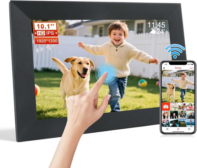 Detalle de Frameo WiFi digitaler Bilderrahmen 10,1 Zoll (1920×1200) mit IPS-HD-Touchscreen und 16 GB Speicher – Schwarz
