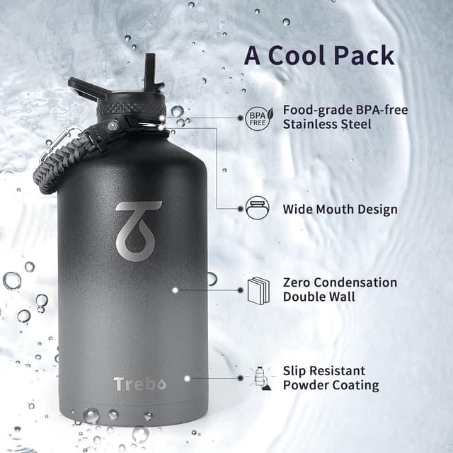 Detalle de Trebo One Gallon Insulated Water Bottle (128oz) with Paracord Handle, Double-Wall Stainless Steel, Leakproof Lids