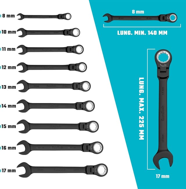 Detalle de DURATECH set di chiavi combinate a cricchetto con testa flessibile, 72 denti (9 pezzi) con custodia