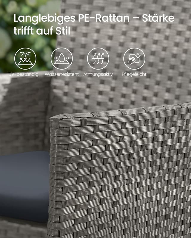 Detalle 2 de SONGMICS Gartenmöbel-Set 4-teilig (Gartenmöbel aus PE-Polyrattan) mit Tisch, 2 Stühlen und 2-Sitzer-Bank – grau GGF004TZ01