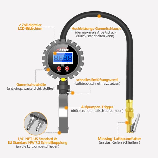 Detalle 2 de Oasser Digitaler Reifendruckmesser 255 PSI