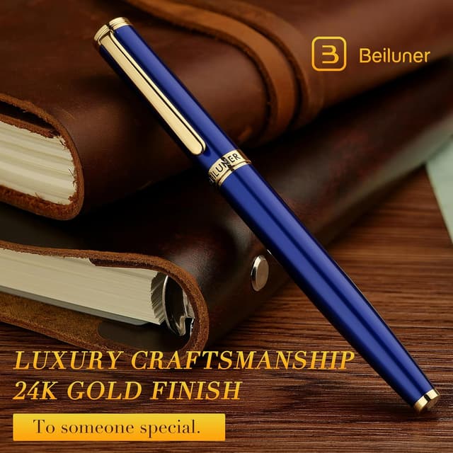 Detalle de BEILUNER Luxury Fountain Pen with Piano Lacquer Finish, 24K Gold Accents and Fine Gilded Nib (Blue & Gold)