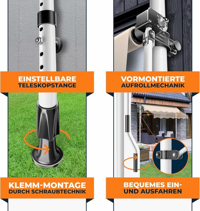 Detalle de KESSER® Klemmmarkise mit Handkurbel & LED-Lichterkette (ohne Bohren) für Balkon, Terrasse & Garten – höhenverstellbar, UV-beständig, wasserabweisend