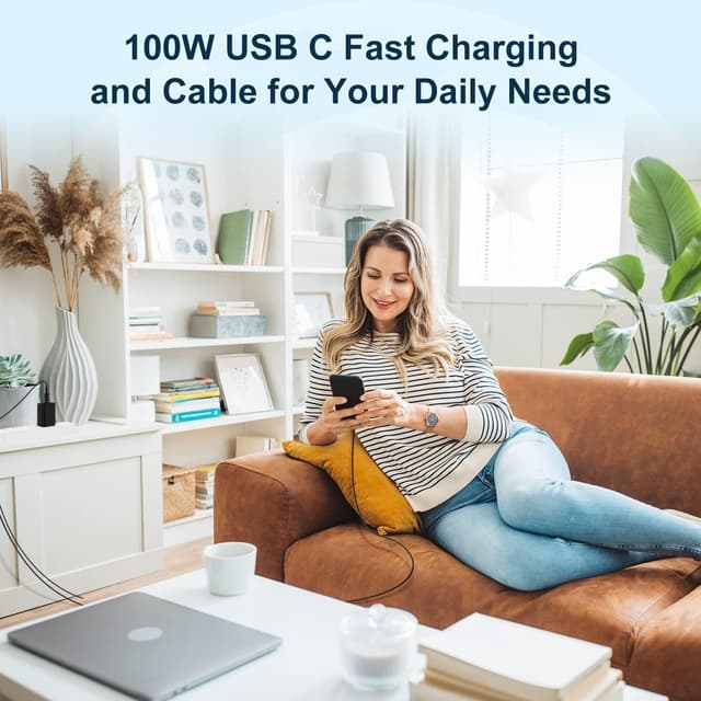 Detalle de 100W USB-C Super Fast Charger Block (Dual Port) with 10ft USB-C to USB-C Cable — 2 Pack Charging Station