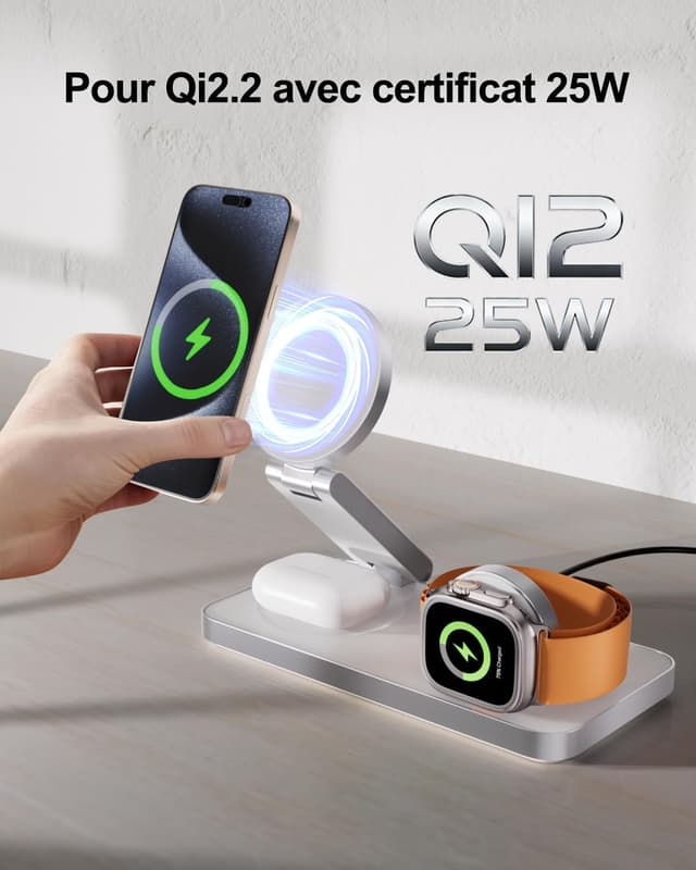 Detalle 2 de EXW Qi2.2 Chargeur Mag-Safe 3 en 1 25 W pliable (avec adaptateur 35 W)