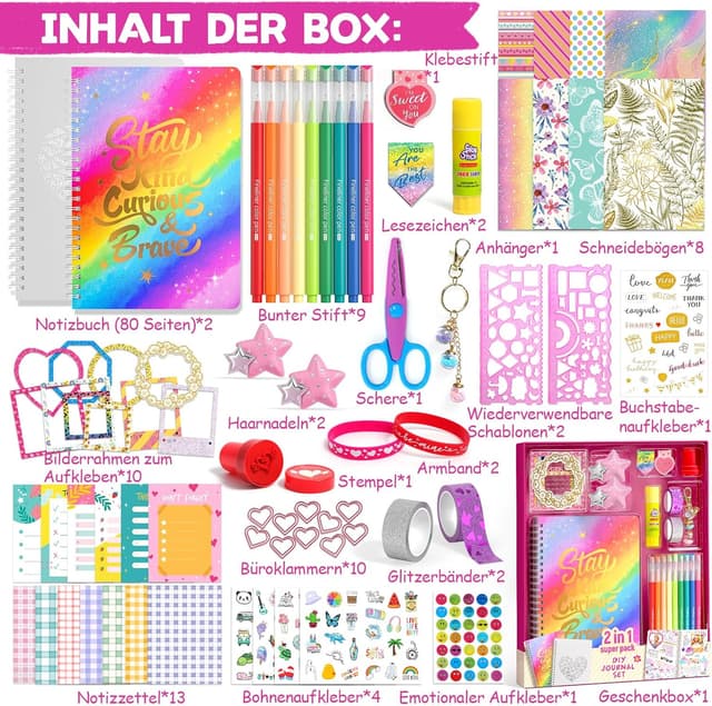 Detalle de 2er-Set Mega DIY Tagebuch Set für Mädchen (Spiraljournale, Bastel- & Scrapbook-Zubehör) – Geschenk ab ca. 8–14 Jahre
