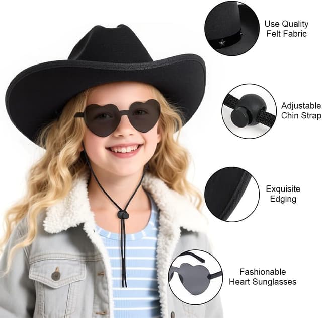 Detalle de AUYAO Kinder-Cowboyhut-Set mit Westernhut, Sonnenbrille und Bandana (Western, Rockstar, Hippie-Style)