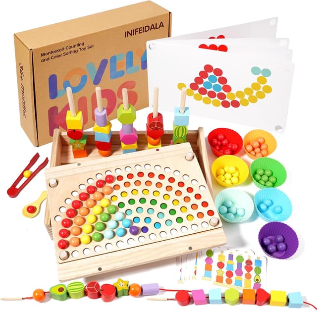 Detalle de INIFEIDALA Toddler Montessori Learning Toy: Rainbow Stacking & Lacing Beads Wooden Peg Board Set