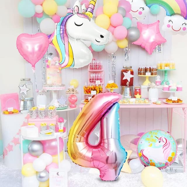 Detalle de Einhorn Luftballon Set „Zahl 4“ – 3D Folienballons XXL mit Regenbogen, Stern & Herz