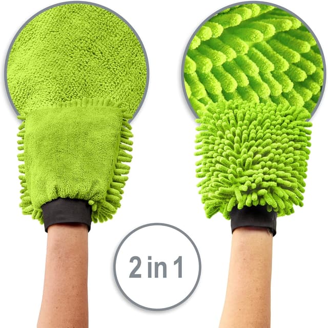 Detalle 2 de com-four® 3X Waschhandschuh aus Microfaser (Chenille) für Auto & Haushalt – neongrün, 3-teilig