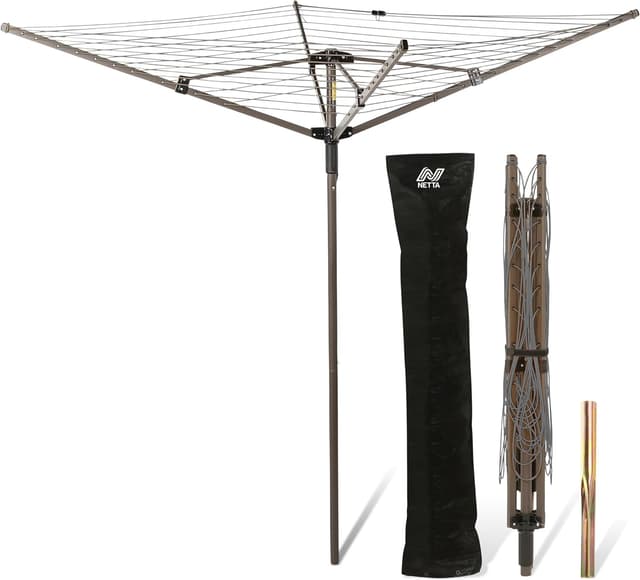 Detalle de NETTA Rotary Washing Line 4 Arm 45M (45m) – Heavy Duty Garden Rotary Airer with Cover & Ground Spike, Grey