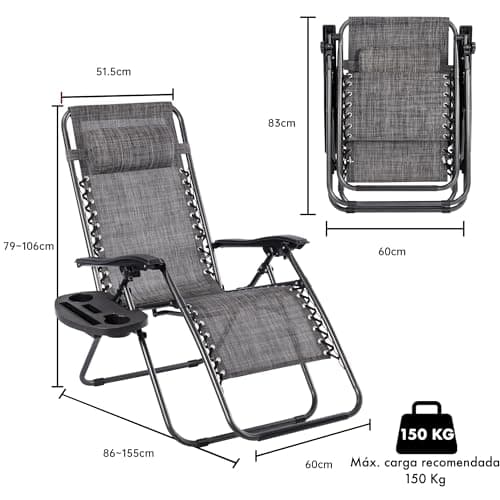Detalle de T-LOVENDO Pack de 2 tumbonas o sillas de exterior plegables Gravedad Zero (2 unidades) Gris