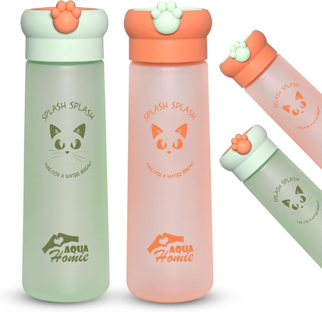 Detalle de AQUA HOMIE 2-pack 530ml motivational water bottles with paw lid (leakproof, BPA-free) – Green & Orange