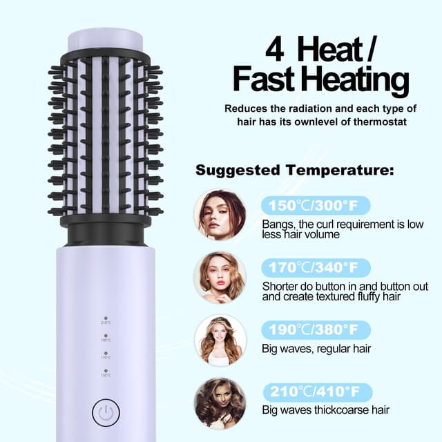 Detalle de NeuWee Cordless Hair Curling Brush (Mini 3 in 1) – USB Rechargeable Heated Wand with 4 Temperatures (Purple)