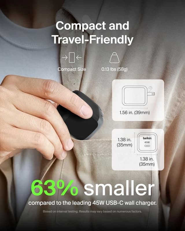 Detalle de Belkin 45W USB-C Charger Block (2-Pack) with USB-C Cable Included — USB PD 3.1 PPS Fast Charging, Black