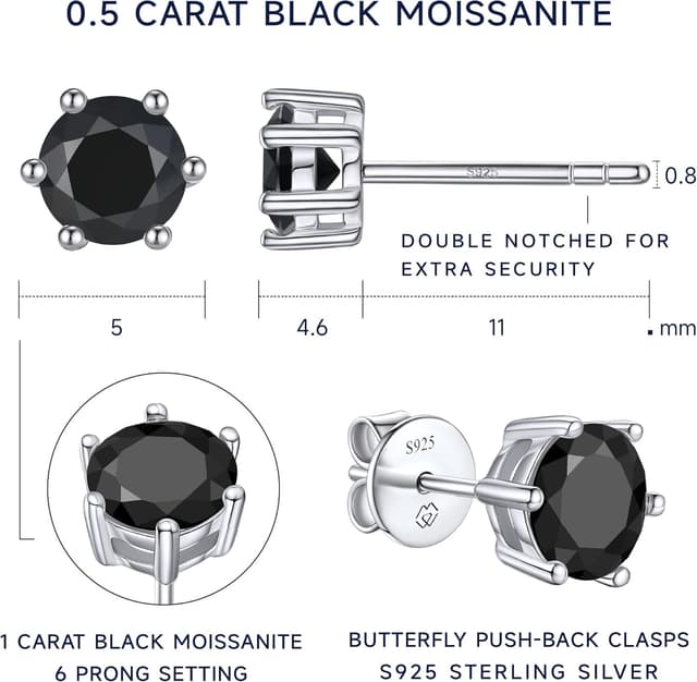 Detalle de MomentWish schwarze Moissanite Ohrstecker in 925 Sterling Silber (Solitäre Look) – 1 Karat pro Paar, 5/5,5/6,5 mm