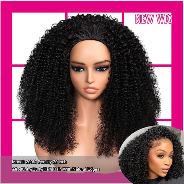 Detalle de yeelice hair Kinky Curly Half Wig Human Hair (200 Density, 3-in-1) Seamless Flip Over Glueless Wear and Go