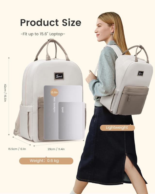Detalle 2 de LOVEVOOK Damen-Rucksack mit Laptopfach bis 15,6 Zoll – eleganter City-/Schulrucksack in Beige-Khaki