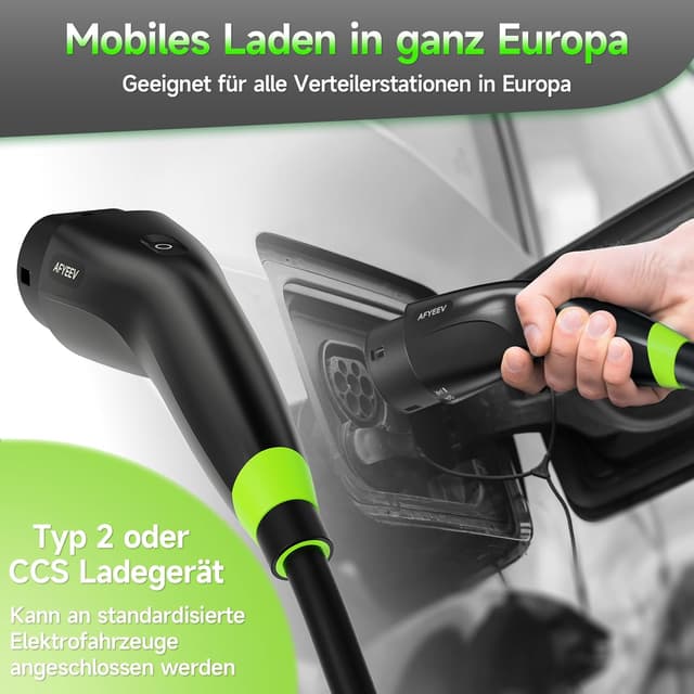 Detalle de AFYEEV EV-Ladegerät Typ 2 (10 m, 3,68 kW, einphasig 6–16 A) – tragbares Laden ohne Installation