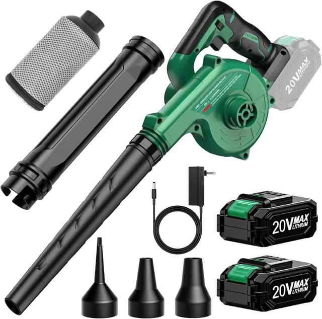 Detalle de K I M O Cordless Leaf Blower Vacuum Combo 4-in-1 (20000RPM, 150MPH) with 3 Nozzles & 2x2000mAh Batteries