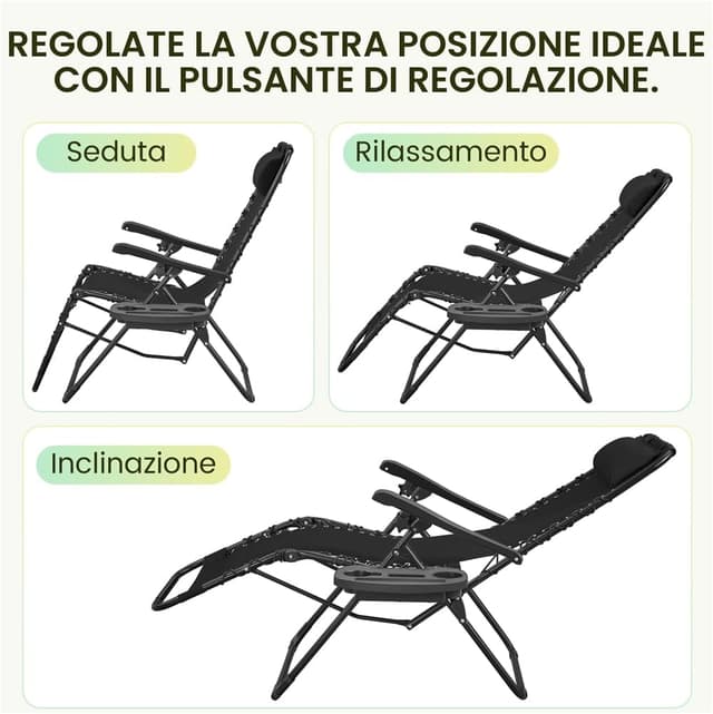 Thumbnail 6 de Yaheetech Set di 2 sedie a sdraio pieghevoli a gravità zero con vassoio rimovibile, nero