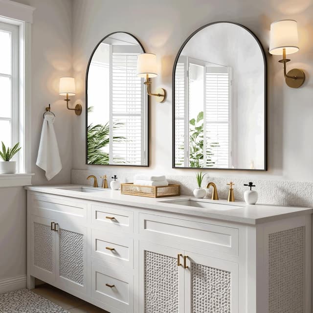 Detalle de 30"x20" Arched Black Wall Vanity Mirror with Metal Frame (Shatterproof Glass, Matte Black)