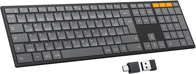 Detalle de OMOTON kabellose Bluetooth-Tastatur mit Metallgehäuse (2,4G + BT), beleuchtet, Multi-Device, deutsches QWERTZ
