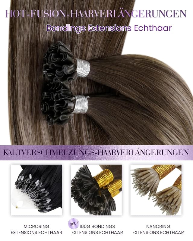 Thumbnail 6 de LaaVoo Bondings Extensions Echthaar Braun/Balayage (Remy) – Keratin Bondings, 45 cm, #4/18/4