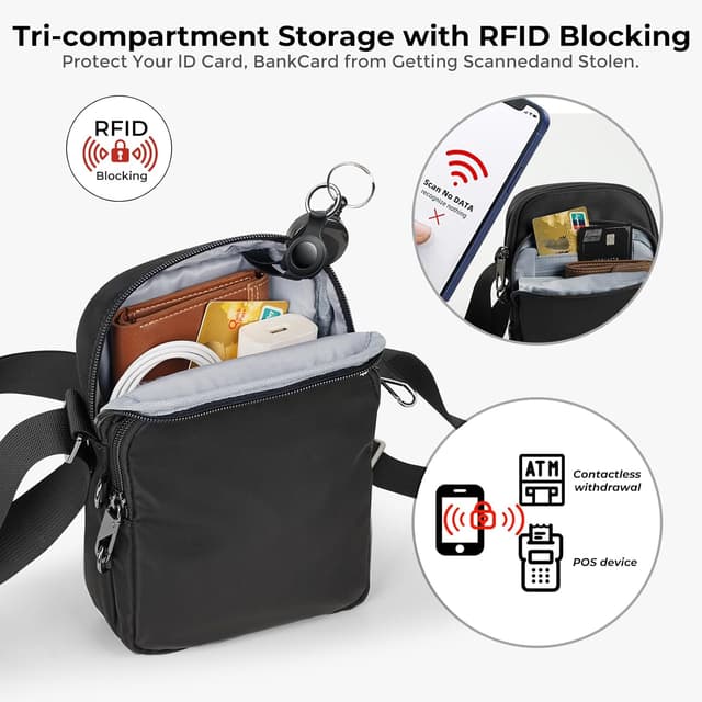 Detalle de Tibroni sac à bandoulière antivol compact avec fermeture éclair, blocage RFID et poche étanche