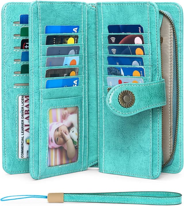 Detalle de SENDEFN Damen-Geldbörse aus Leder (groß) mit RFID-Schutz, 24 Kartenfächern und abnehmbarem Armband