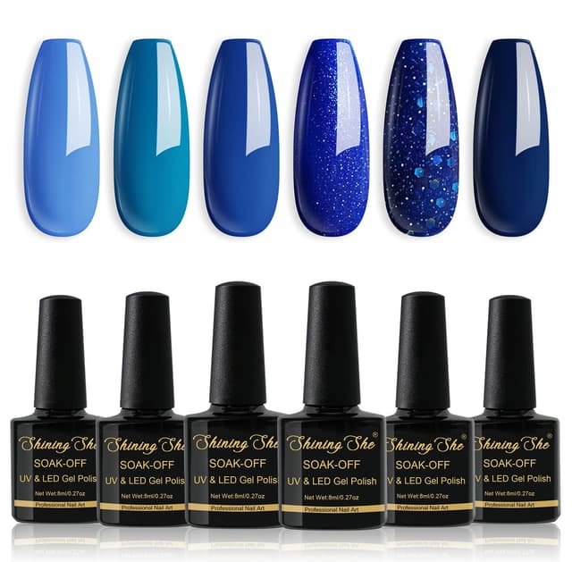 Thumbnail 6 de Shining She UV Gel-Nagellack Blau Set (6 Farben) – Glitzer & Marineblau, Soak-Off für DIY & Salon