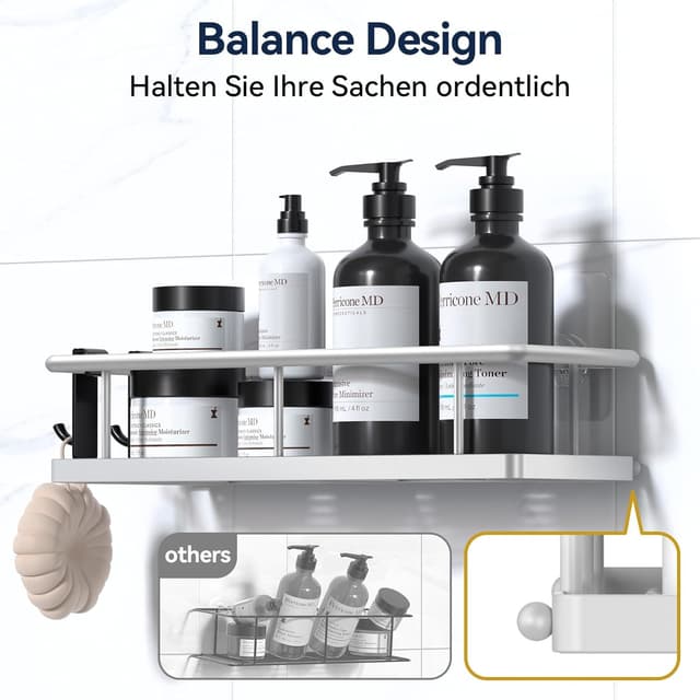 Detalle de YASONIC Duschablage ohne Bohren (3er-Set) – rostfreie Organizer mit 2 Haken, schnell trocknend, Silber