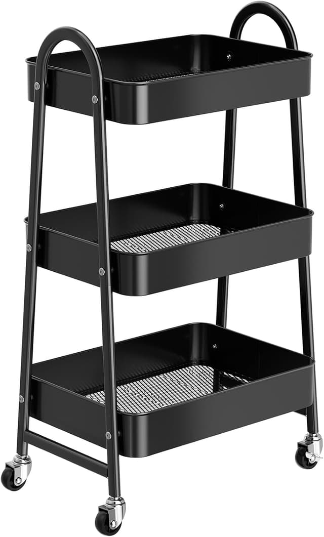Detalle de StowBin 3-stöckiger Metallrollwagen in Schwarz – schmaler Rollwagen für Küche, Bad & Arbeitszimmer