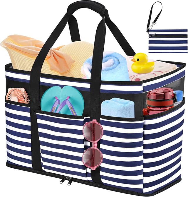 Detalle de JUYANO Große Strandtasche mit Reißverschluss, wasserdichtes XXL-Format (45L) – Familie Badetasche Strandtasche