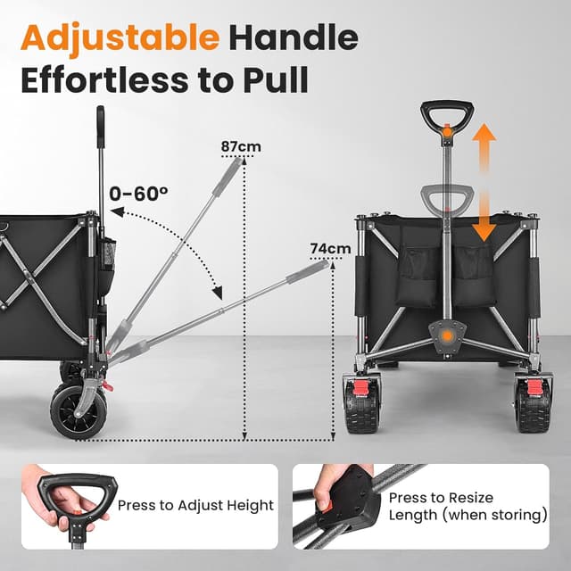 Thumbnail 6 de YEAUPE PRO Carrello pieghevole da spiaggia e campeggio da 150 kg, 260 L (nero) con doppi freni anteriori