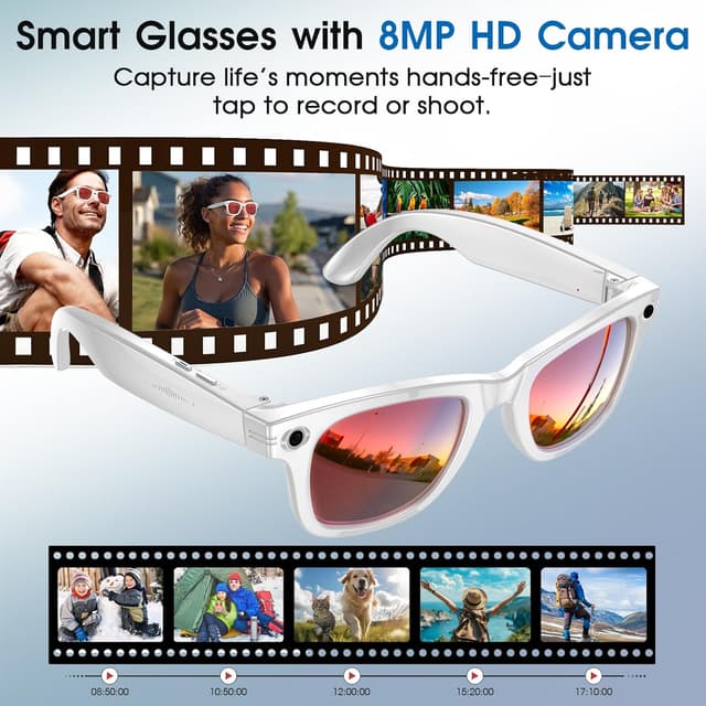 Detalle de Tulbeys AI Smart Glasses with 4K HD Camera, 8MP Photo, Real-time Translation & Photochromic Lenses (White)