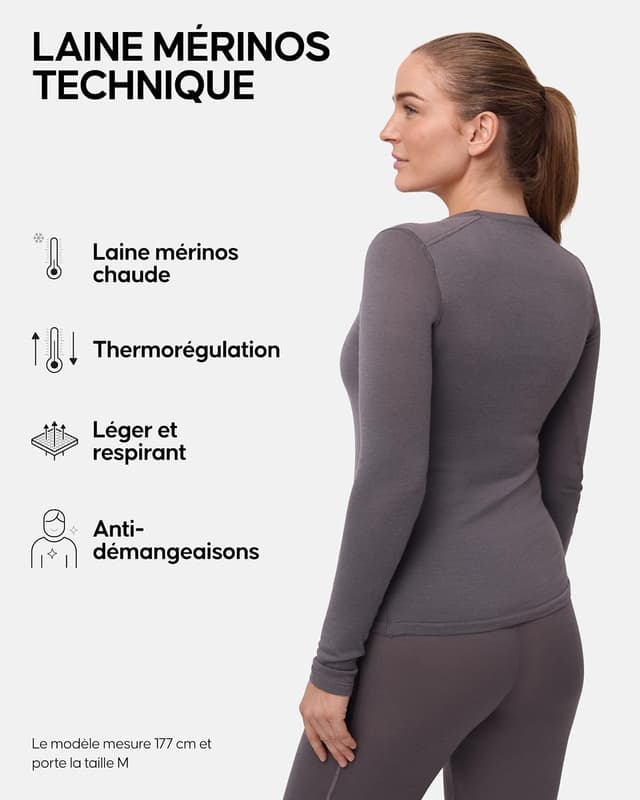Detalle 2 de DANISH ENDURANCE haut thermique femme en laine mérinos (mélange 80/20) – couche de base d’hiver