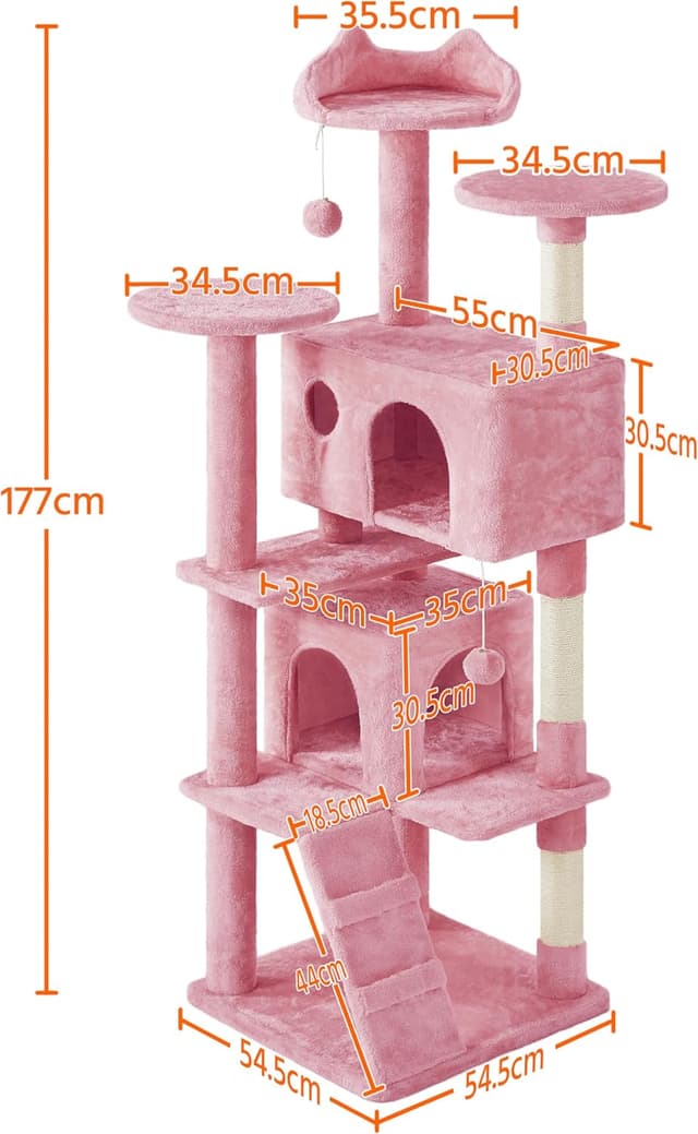 Detalle de Yaheetech Albero Tiragraffi per Gatti 178 cm con 3 Pali Graffiatoi, Grotta e Pompon in Peluche (Rosa)
