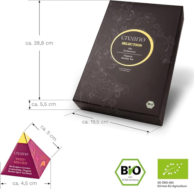 Detalle de Creano Set Regalo di Tisane Biologiche Premium “Organic Herbal Tea” (24x piramidi in 9 varietà) – confezione elegante da 60 g