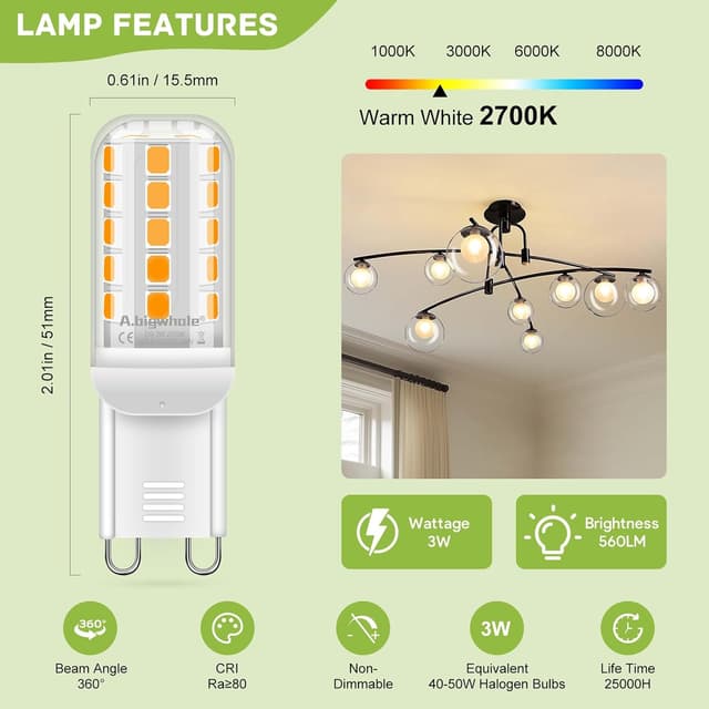 Detalle de A.bigwhale G9 LED Lampe Warmweiß 2700K, 3 W (entspricht 40–50 W), 560 lm – 4er-Set
