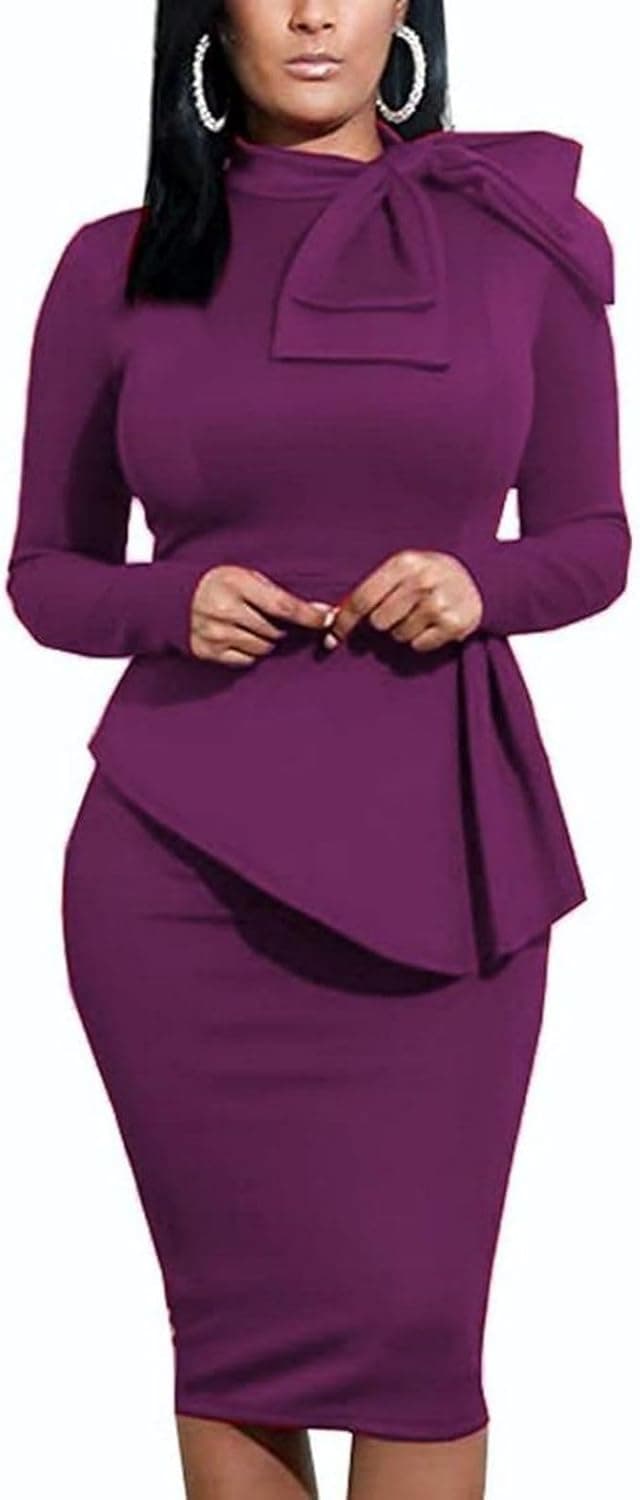Detalle de Women’s Peplum Bodycon Long Sleeve Bow & Ruffle Pencil Dress (Work to Party)
