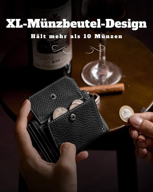 Detalle 2 de DODENSHA Pebble Airtag Wallet mit XL Münzfach – Smart Kartenetui für bis zu 10+ Karten, RFID-Schutz, MagSnap, Schwarz/Silber