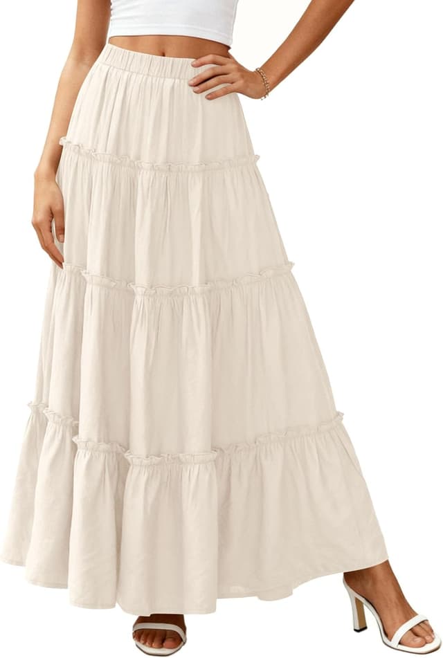 Detalle 2 de PRETTYGARDEN Boho Tiered Maxi Skirt for Women with Elastic Waistband & Side Pockets