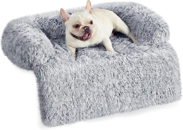 Detalle de Feandrea FluffyHug Hundebett aus Plüsch (Größe M) für Sofa & Co., 80 x 75 x 16 cm, Ombré-Grau PGW221G01
