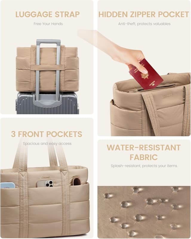 Detalle de LOVEVOOK Lightweight Quilted Puffer Tote Bag for Women with Zip and 13 Pockets